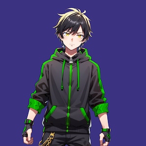 May include: An anime-style character with short black hair featuring blonde highlights and yellow eyes. The character wears a black zip-up hoodie with vibrant green accents on the sleeves, hood, and pockets, paired with black fingerless gloves.