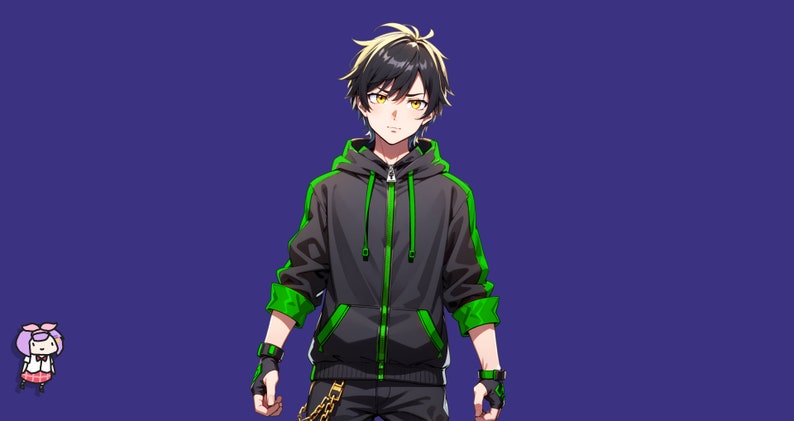 May include: An anime-style character with short black hair featuring blonde highlights and yellow eyes. The character wears a black zip-up hoodie with vibrant green accents on the sleeves, hood, and pockets, paired with black fingerless gloves.