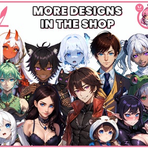 Op de afbeelding: Een groep anime-achtige personages met verschillende haarkleuren, kleding en accessoires. De personages zijn in een cirkel gerangschikt, met de tekst "MORE DESIGNS IN THE SHOP" bovenaan de afbeelding.