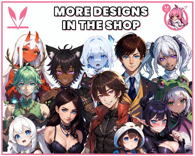 Op de afbeelding: Een groep anime-achtige personages met verschillende haarkleuren, kleding en accessoires. De personages zijn in een cirkel gerangschikt, met de tekst "MORE DESIGNS IN THE SHOP" bovenaan de afbeelding.