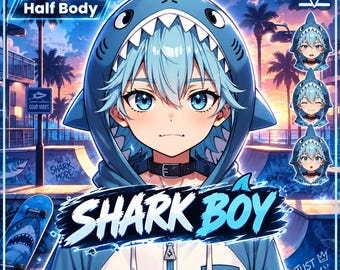 Könnte beinhalten: Eine digitale Illustration einer Figur in einem blauen Hai-Kapuzenpullover, dessen Kapuze mit Zähnen und Flossen versehen ist. Die Figur hat hellblaues Haar, blaue Augen und ein schwarzes Halsband. Text: VTuber Half Body, SHARK BOY, JUST BOY.