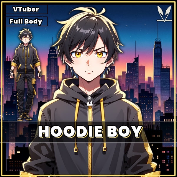 Male premade VTuber model - Hoodie Boy for vtube studio as a cool customizable colored full body vtuber male 2d vtuber