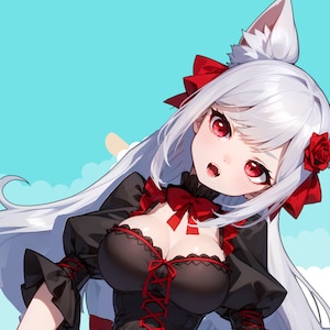 Może przedstawiać: Postać anime z białymi włosami i uszami kota, ubrana w czarną sukienkę z czerwonym gorsetem na sznurki i czerwoną kokardką wok&oacute;ł szyi. Ma czerwone oczy i jaskrawoczerwoną r&oacute;żę we włosach.