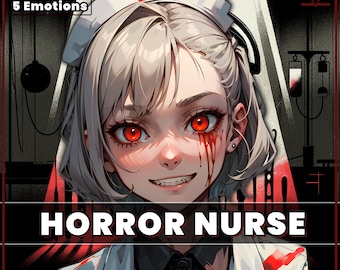 May include: Digital artwork of a nurse with red eyes and blood streaks. The image includes the text "HORROR NURSE" in a bold font, and the text "PNGTuber 5 Emotions" at the top. The overall theme is horror.