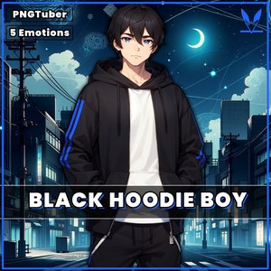 PNGTuber Black Hoodie Male 2D premade model with 5 Emotions for streaming | Veadotube | black haired boy animated pngtuber