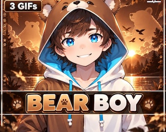 Bear Boy GIFTuber Avatar: 2D Manlig PNGTuber med 3 känslor
