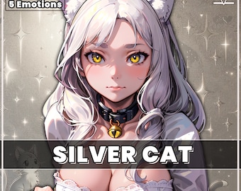 May include: A digital illustration of a white cat girl with silver hair, wearing a white dress with a low neckline and a black collar with a bell. The background is a sparkly gold colour with the text "SILVER CAT" in black.
