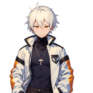 May include: An anime-style character with short white hair and amber eyes, wearing a black mock-neck shirt, a silver cross necklace, and a white jacket with orange and black accents on the sleeves and a small chest pocket detail.