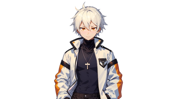May include: An anime-style character with short white hair and amber eyes, wearing a black mock-neck shirt, a silver cross necklace, and a white jacket with orange and black accents on the sleeves and a small chest pocket detail.
