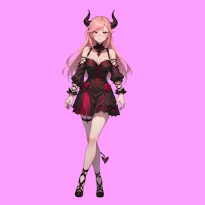 May include: A pink haired anime character with devil horns and a red and black dress. The character is standing on a pink background.