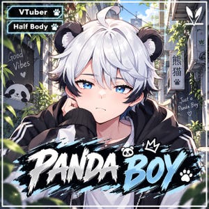 May include: An anime-style character illustration featuring a person with white and black panda-themed hair, blue eyes, and panda ears. The text reads VTuber, Half Body, Good Vibes, Panda Boy, and Just a Panda Boy with paw print icons.