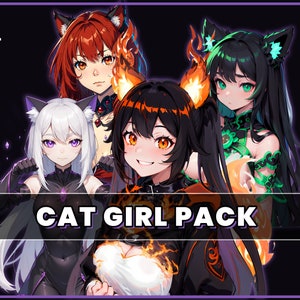 May include: Digital illustration of four cat girls with different colored hair and outfits. The girls are wearing cat ears and have glowing eyes. The text "CAT GIRL PACK" is at the bottom of the image.