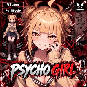 Peut inclure: Une illustration de style anime d'un personnage aux cheveux blonds en chignons, portant un pull beige sur un col marin sombre. L'image contient les textes "VTuber", "Full Body", "Cute But Psycho", "Good Girl?", "Bad Thoughts" et "Psycho Girl".