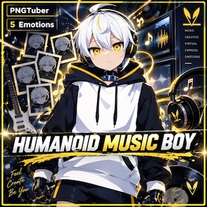 May include: An anime-style character with white hair and yellow eyes wearing a black and white hoodie and headphones. The image features the text PNGTuber 5 Emotions, Humanoid Music Boy, Music Creative Virtual Express Emotions, and Feel Create Be You.