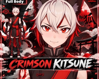 Modelo prefabricado masculino de VTuber: Crimson Kitsune Boy para Vtube Studio, un VTuber masculino 2D de cuerpo completo, personalizable y con colores llamativos.