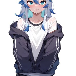 Pu&ograve; includere: Un personaggio in stile anime con capelli bianchi e blu, orecchie da gatto e occhi color verde acqua, che indossa una t-shirt bianca sotto una giacca sportiva grigio scuro con zip e strisce bianche laterali, abbinata a pantaloni coordinati.