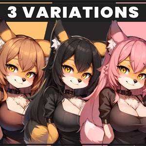 May include: Three variations of a furry anime character with fox ears. The character has a black dress, a black choker, and long hair. The hair colors are brown, black, and pink.