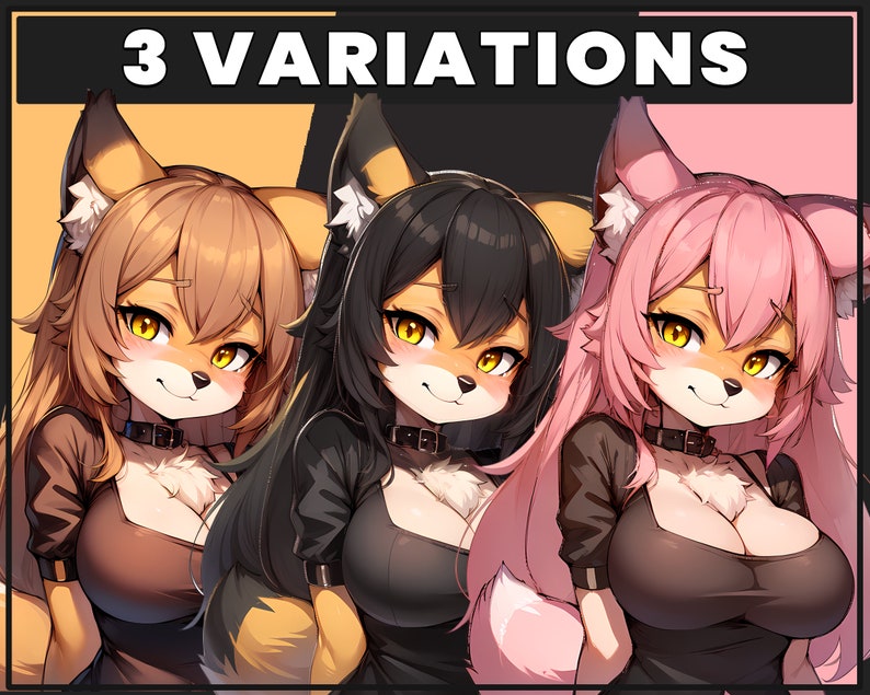 May include: Three variations of a furry anime character with fox ears. The character has a black dress, a black choker, and long hair. The hair colors are brown, black, and pink.