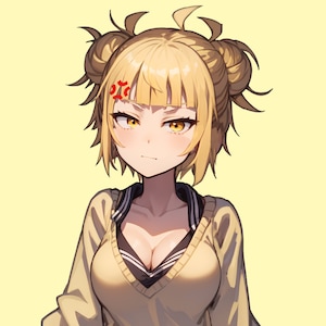 May include: A yellow-haired anime character with a stern expression, wearing a yellow sweater with a black collar and a white shirt underneath. The character has two buns in their hair and a red mark on their forehead.