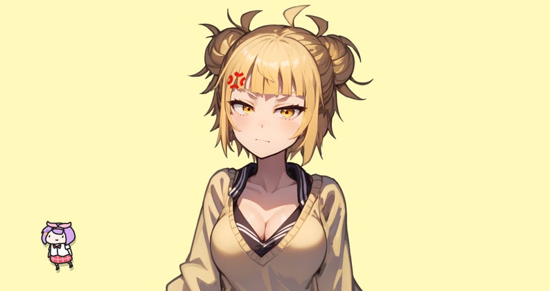 May include: A yellow-haired anime character with a stern expression, wearing a yellow sweater with a black collar and a white shirt underneath. The character has two buns in their hair and a red mark on their forehead.