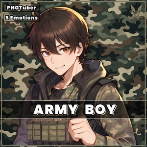PNGTuber Army Boy 2D premade model with 4 Variations and with 5 Emotions for streaming | Veadotube | Green | male pngtuber