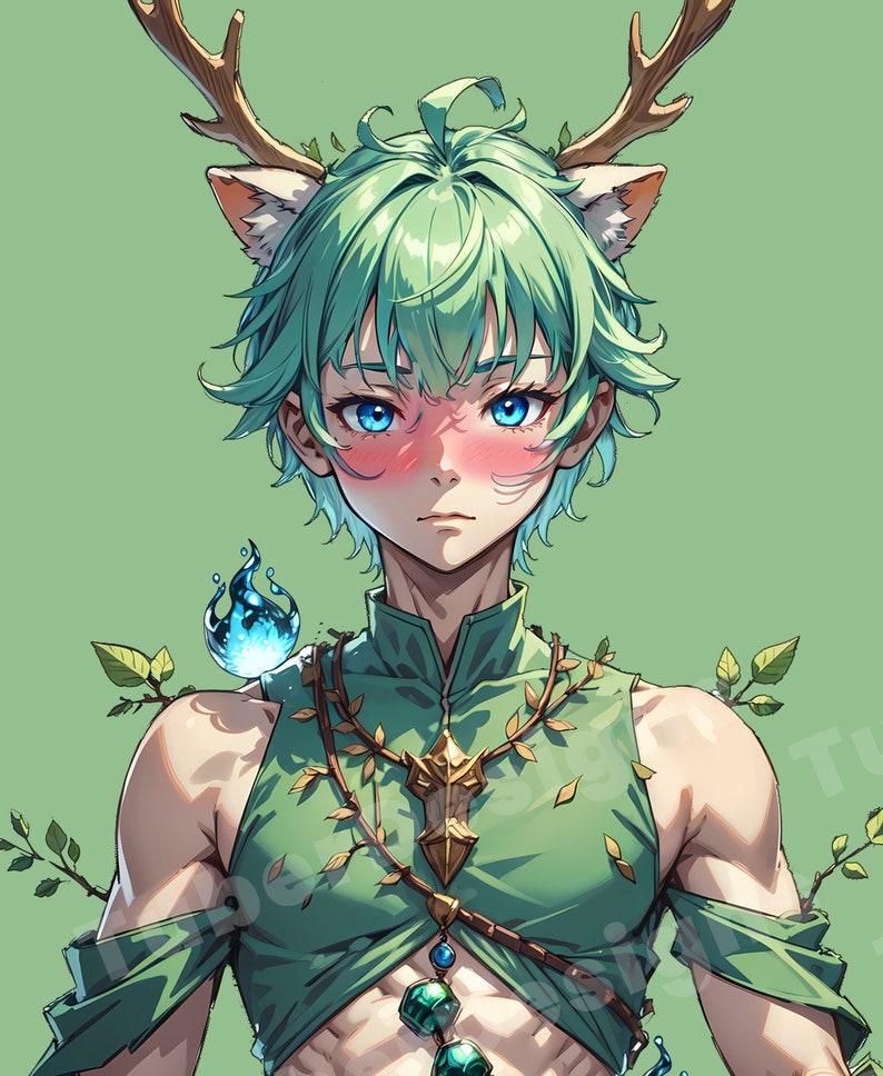 Op de afbeelding: Een anime-achtig personage met groen haar, hertengewei en kattenoren. Het personage draagt een groene top met een gouden hanger en een blauwe edelsteenketting. Het personage heeft blauwe ogen en een blos op de wangen.