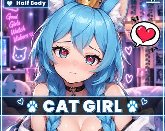 May include: An anime-style illustration of a character with long light blue hair, cat ears, and a gold crown. The character has heart-shaped pupils, a black choker with a heart charm, and wears a black lace top. Text includes VTuber, Half Body, and CAT GIRL.