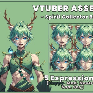 Op de afbeelding: Een digitale illustratie van een anime-personage met groen haar, hertengewei en kattenoren. Het personage heeft vijf verschillende gezichtsuitdrukkingen: blij, boos, neutraal, verdrietig en verlegen. De tekst "VTUBER ASSET - Spirit Collector Boy" en "5 Expressions! (Happy, Mad, Neutral, Sad, Shy)" is ook in de afbeelding opgenomen.