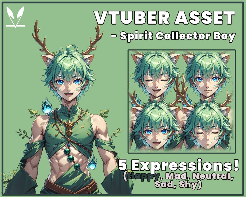Op de afbeelding: Een digitale illustratie van een anime-personage met groen haar, hertengewei en kattenoren. Het personage heeft vijf verschillende gezichtsuitdrukkingen: blij, boos, neutraal, verdrietig en verlegen. De tekst "VTUBER ASSET - Spirit Collector Boy" en "5 Expressions! (Happy, Mad, Neutral, Sad, Shy)" is ook in de afbeelding opgenomen.