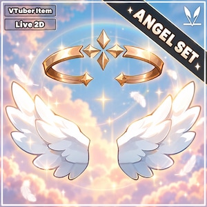 May include: A digital asset set featuring a golden halo with a four-pointed star design and two white feathered wings. The image includes text labels reading VTuber Item, Live 2D, and ANGEL SET against a sky background with floating feathers.