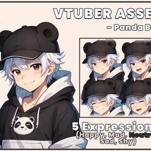 May include: Digital illustration of a cartoon boy with white hair wearing a black hoodie with a panda logo, a black baseball cap with panda ears, and five different facial expressions: happy, mad, neutral, sad, and shy. VTUBER ASSET - Panda Boy. 5 Expressions! (Happy, Mad, Neutral, Sad, Shy)