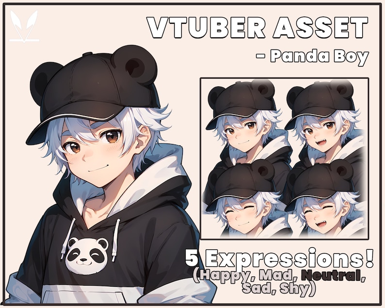May include: Digital illustration of a cartoon boy with white hair wearing a black hoodie with a panda logo, a black baseball cap with panda ears, and five different facial expressions: happy, mad, neutral, sad, and shy. VTUBER ASSET - Panda Boy. 5 Expressions! (Happy, Mad, Neutral, Sad, Shy)