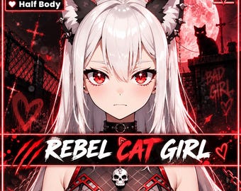 既成のVTuberモデル - VTuber Studio用の反逆猫娘、ホットな黒、赤のハーフボディVTuberかわいいゴスガールLive2Dネコモデル