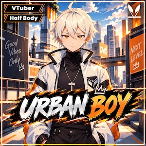 May include: An anime-style character with white hair and amber eyes wearing a black turtleneck and a white and orange jacket. The image features text including VTuber, Half Body, Good Vibes Only, Next Level, and the bold text URBAN BOY.