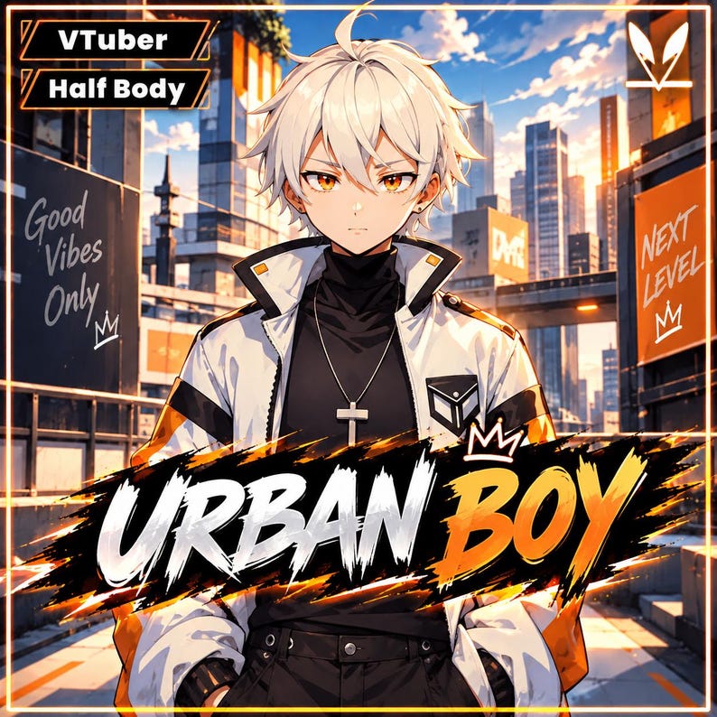 May include: An anime-style character with white hair and amber eyes wearing a black turtleneck and a white and orange jacket. The image features text including VTuber, Half Body, Good Vibes Only, Next Level, and the bold text URBAN BOY.