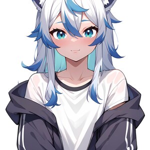 Pu&ograve; includere: Un personaggio in stile anime con capelli bianchi alle spalle con riflessi blu e orecchie da animale. Il personaggio indossa una maglietta bianca con girocollo nero sotto una felpa con cappuccio e zip grigio scuro con strisce bianche.