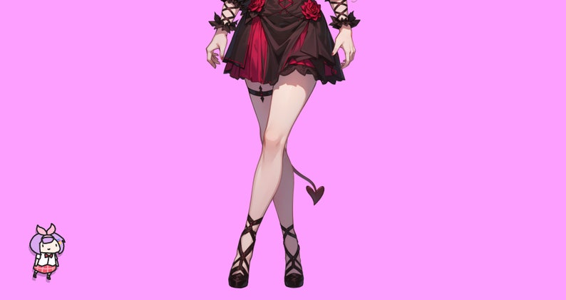 May include: A woman wearing a black and red dress with a heart-shaped tail. She is wearing black shoes and has a black garter on her left leg.