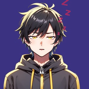 May include: An anime-style illustration of a character with messy black hair featuring yellow highlights, yellow eyes, and a tired expression. The character wears a black hoodie with yellow accents and a zipper. Red Z symbols float near the head.