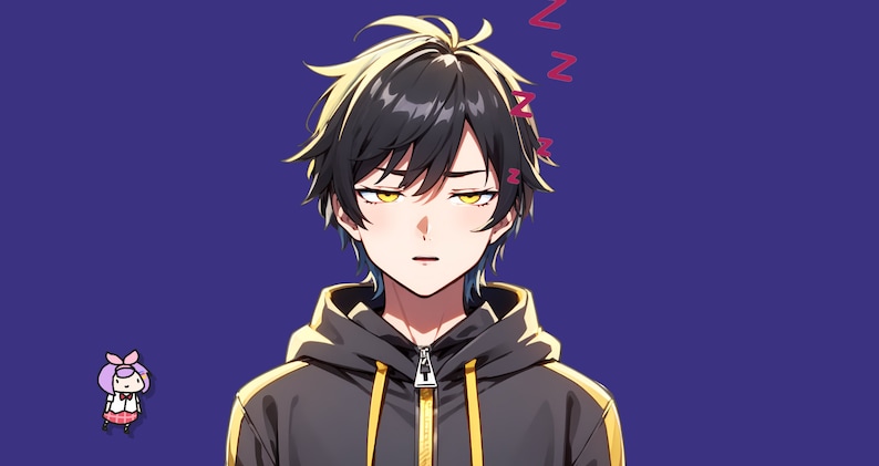 May include: An anime-style illustration of a character with messy black hair featuring yellow highlights, yellow eyes, and a tired expression. The character wears a black hoodie with yellow accents and a zipper. Red Z symbols float near the head.
