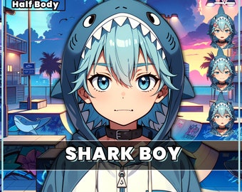 Mannelijke premade VTuber model - Shark Boy voor vtube studio als een schattige maar verwaande half lichaam mannelijke 2d vtuber