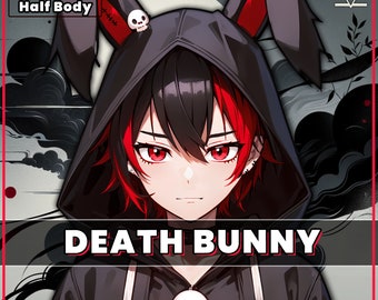 VTuber - Death Bunny Boy for vtube studio as a cool black, red half body vtuber animal goth male live2d model