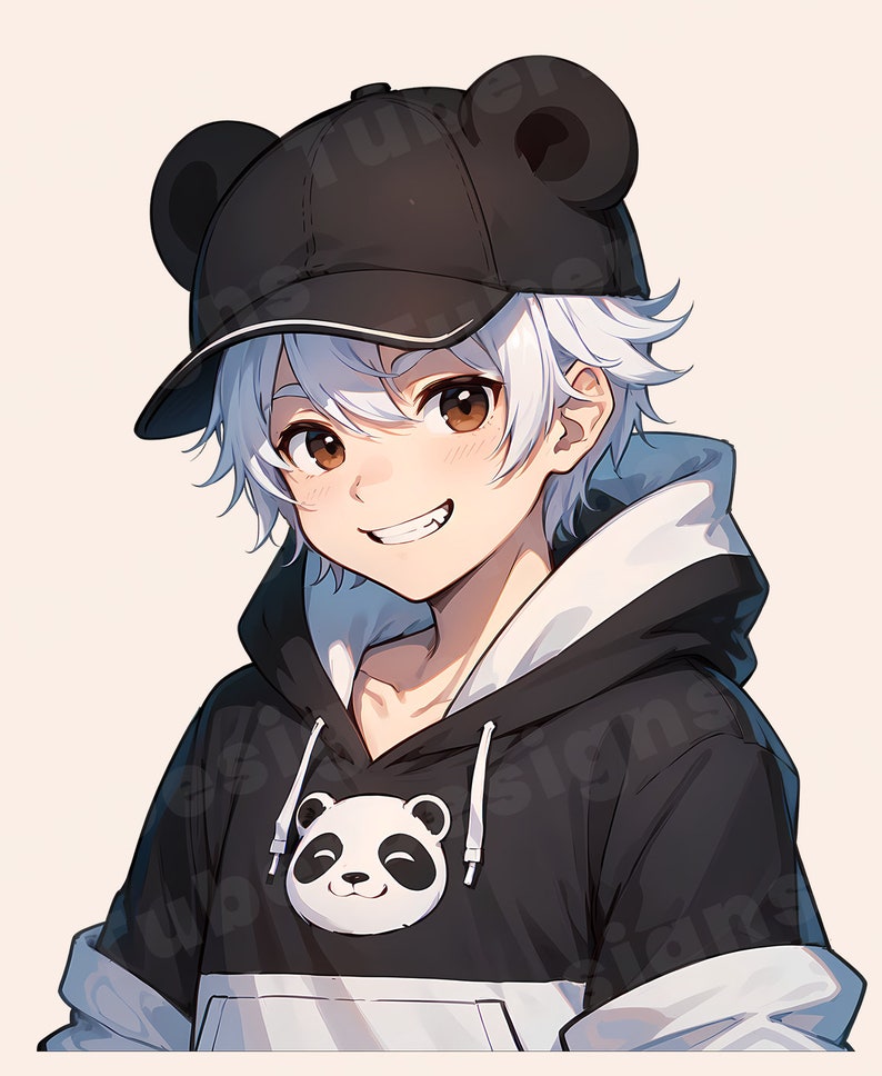 May include: A young person with white hair wearing a black hoodie with a panda graphic and a black baseball cap with bear ears.