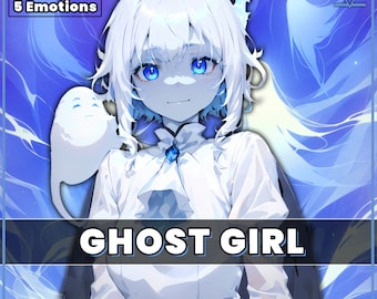 May include: A digital illustration of a white-haired anime girl with blue eyes. She is wearing a white collared shirt with a blue bow tie. The background is a blue and purple gradient with white wispy clouds. The text "GHOST GIRL" is written in black letters at the bottom of the image.