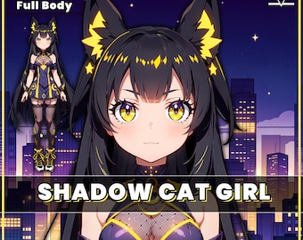 Premade Live2d VTuber Model - Shadow cat girl for vtube studio as a cute yellow, dark blue full body vtuber animal female commercial use