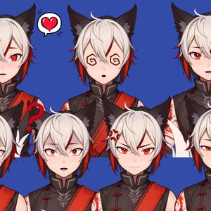 May include: A digital illustration of a young person with white hair and red highlights, wearing black and red clothing with wolf ears. The person is shown with different facial expressions, including blushing, confused, surprised, and sleepy.