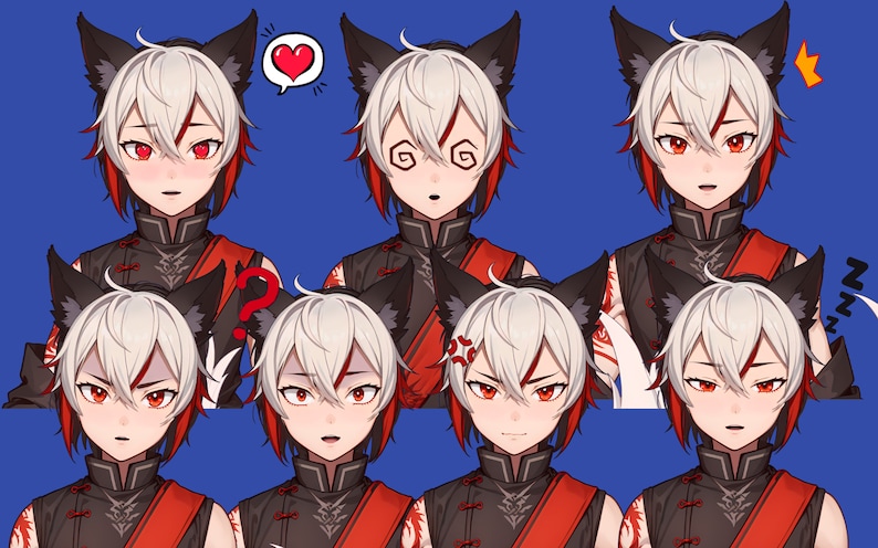 May include: A digital illustration of a young person with white hair and red highlights, wearing black and red clothing with wolf ears. The person is shown with different facial expressions, including blushing, confused, surprised, and sleepy.