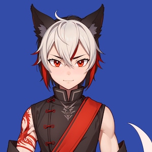 May include: A young person with white hair and red highlights, wearing a black and red outfit with a dragon design, has black wolf ears and a white tail.