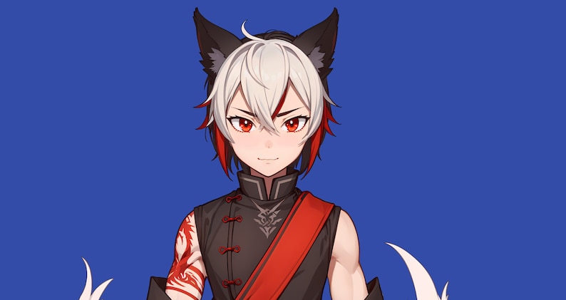 May include: A young person with white hair and red highlights, wearing a black and red outfit with a dragon design, has black wolf ears and a white tail.