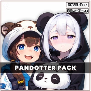 PNGTuber Combo Pack Panda girl y Otter girl con 5 Emociones / prefabricado pngtuber modelo femenino activo tuberdesigns