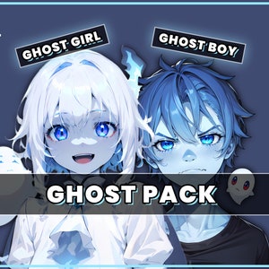 Puede incluir: Una ilustración digital de una niña fantasma y un niño fantasma con ojos azules. La niña tiene el pelo blanco y sonríe. El niño tiene el pelo azul y una expresión seria. El texto "Ghost Pack" está en el centro de la imagen.